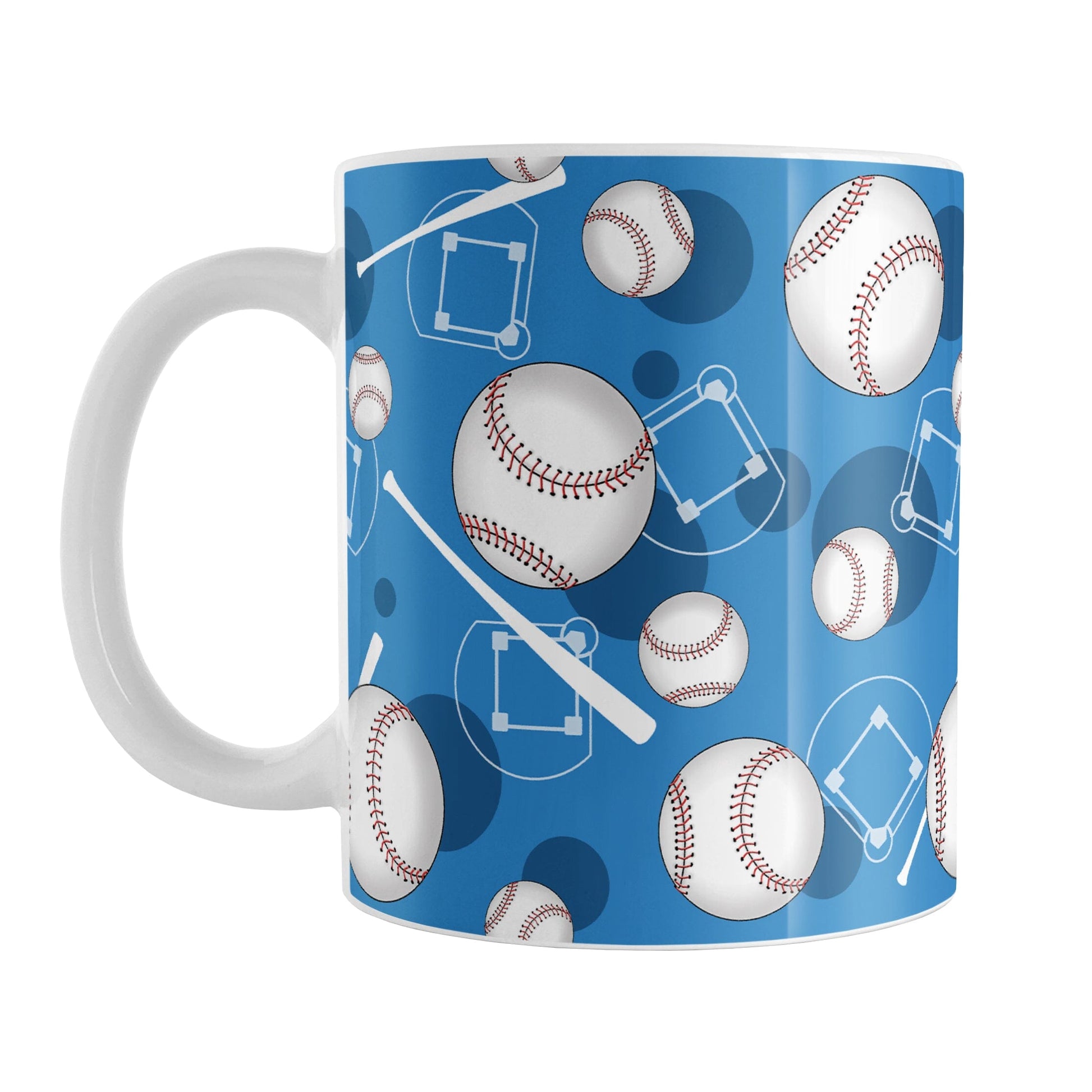 Blue Baseball Pattern Mug (11oz) at Amy's Coffee Mugs. A ceramic coffee mug designed with a pattern of baseballs, baseball diamonds, baseball bats, and dark blue circles over a blue background color that wraps around the mug up to the handle.