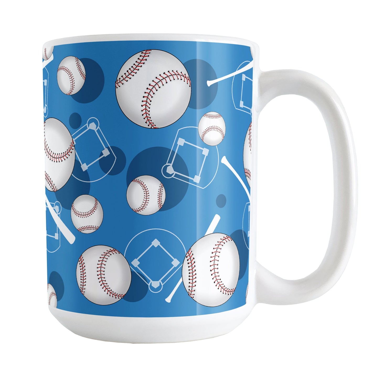 Blue Baseball Pattern Mug (15oz) at Amy's Coffee Mugs. A ceramic coffee mug designed with a pattern of baseballs, baseball diamonds, baseball bats, and dark blue circles over a blue background color that wraps around the mug up to the handle.