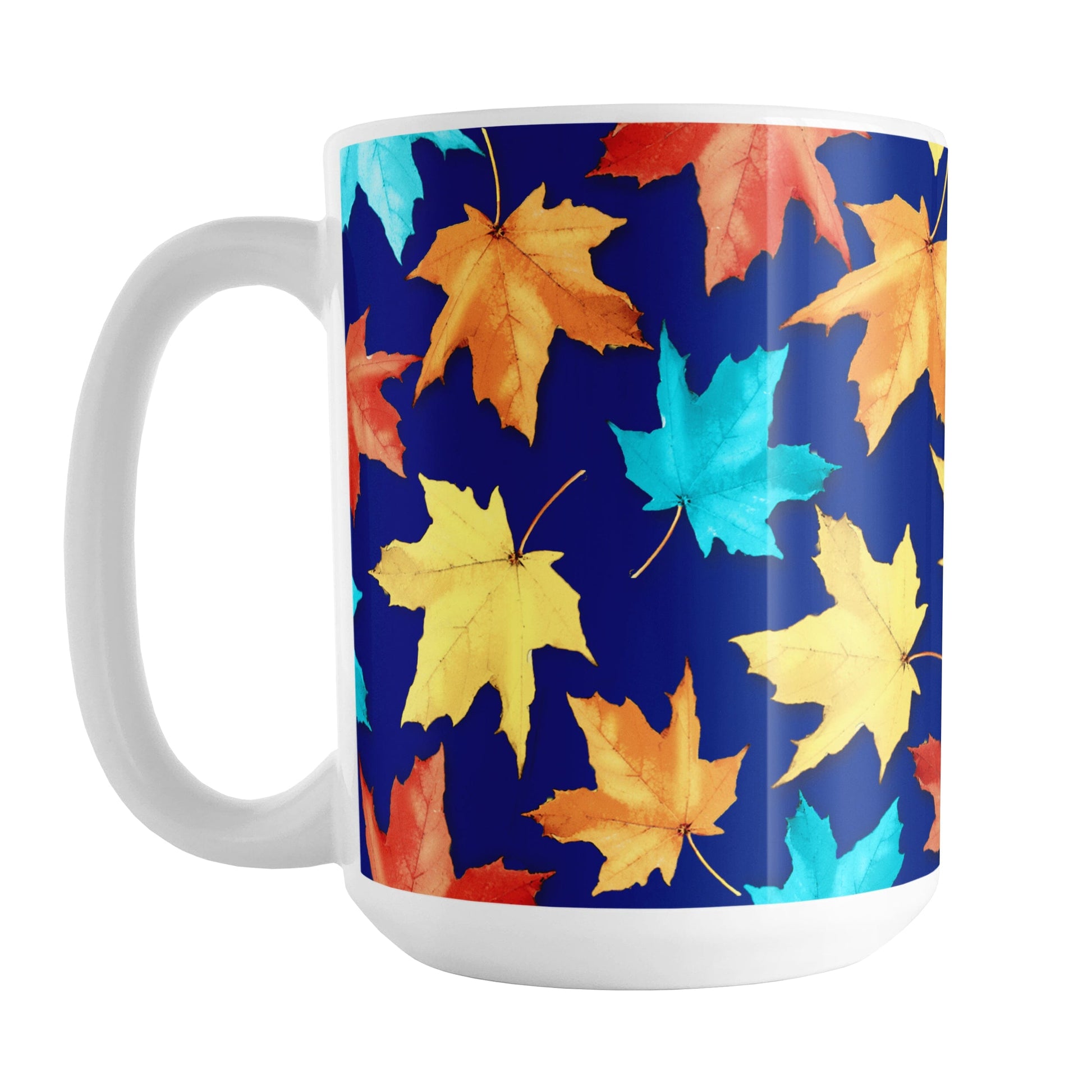 15 oz Blue Fall Leaves Mug with colorful turquoise, orange, and yellow autumn leaves over a deep navy blue background.