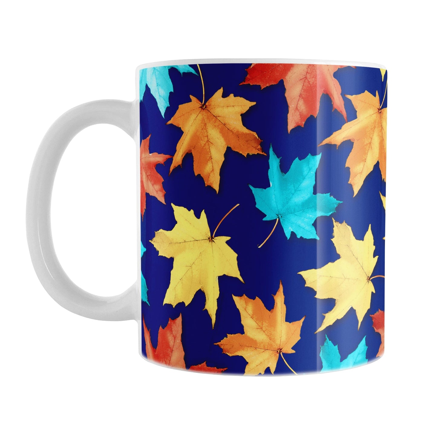 11 oz Blue Fall Leaves Mug with colorful turquoise, orange, and yellow autumn leaves over a deep navy blue background.