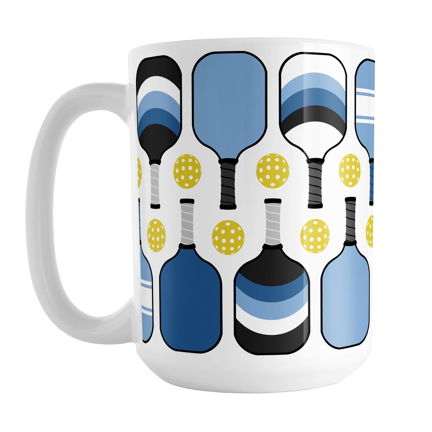 Blue Pickleball Mug (15oz) at Amy's Coffee Mugs. A ceramic coffee mug designed with modern blue pickleball paddles and yellow balls in a pattern that wraps around the mug up to the handle.