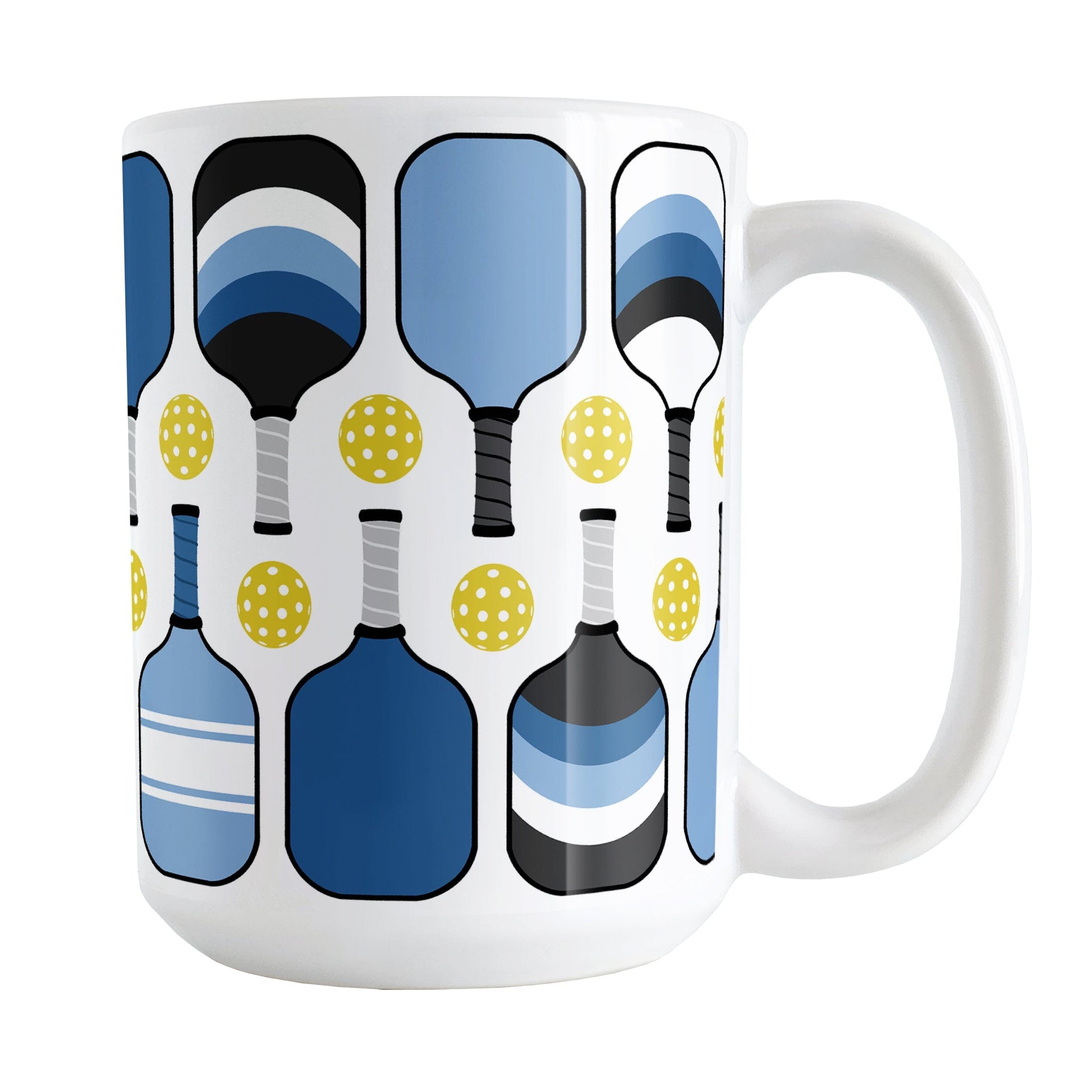 Blue Pickleball Mug (15oz) at Amy's Coffee Mugs. A ceramic coffee mug designed with modern blue pickleball paddles and yellow balls in a pattern that wraps around the mug up to the handle.