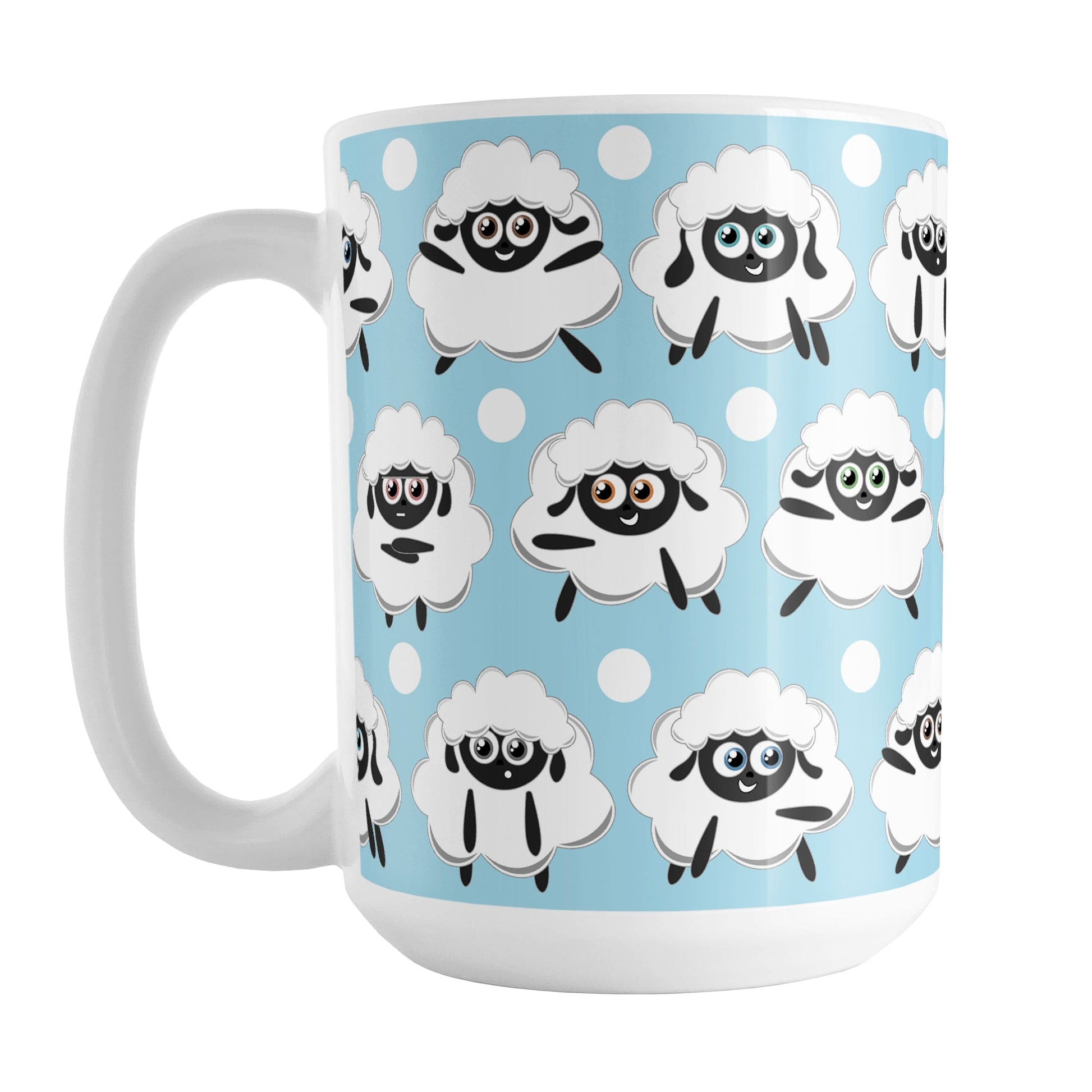 Blue Sheep Mug (15oz) at Amy's Coffee Mugs. A ceramic coffee mug designed with cute and fun sheep with different expressions over a blue background color coupled with white polka dots all in a pattern that wraps around the mug to the handle. 