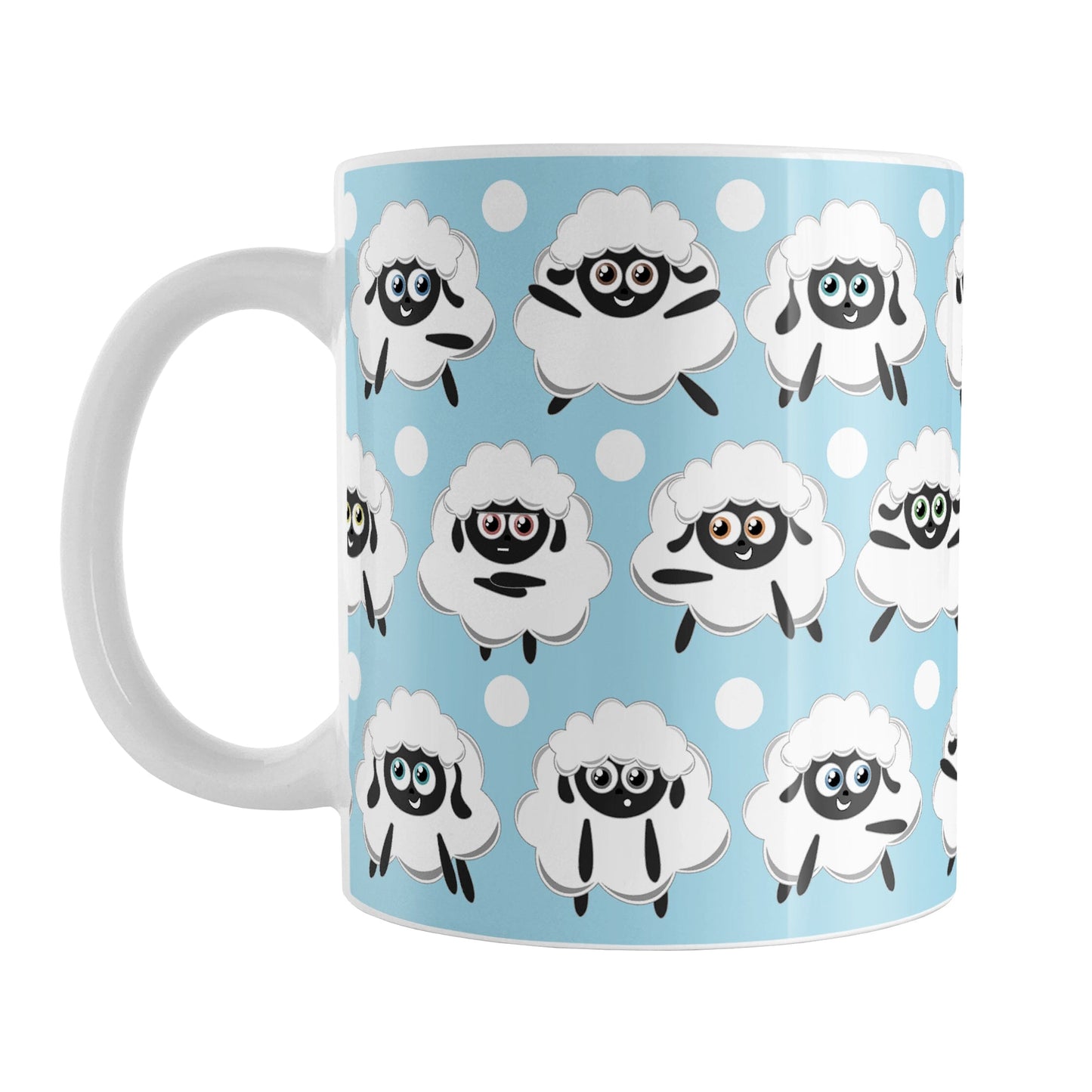 Blue Sheep Mug (11oz) at Amy's Coffee Mugs. A ceramic coffee mug designed with cute and fun sheep with different expressions over a blue background color coupled with white polka dots all in a pattern that wraps around the mug to the handle. 