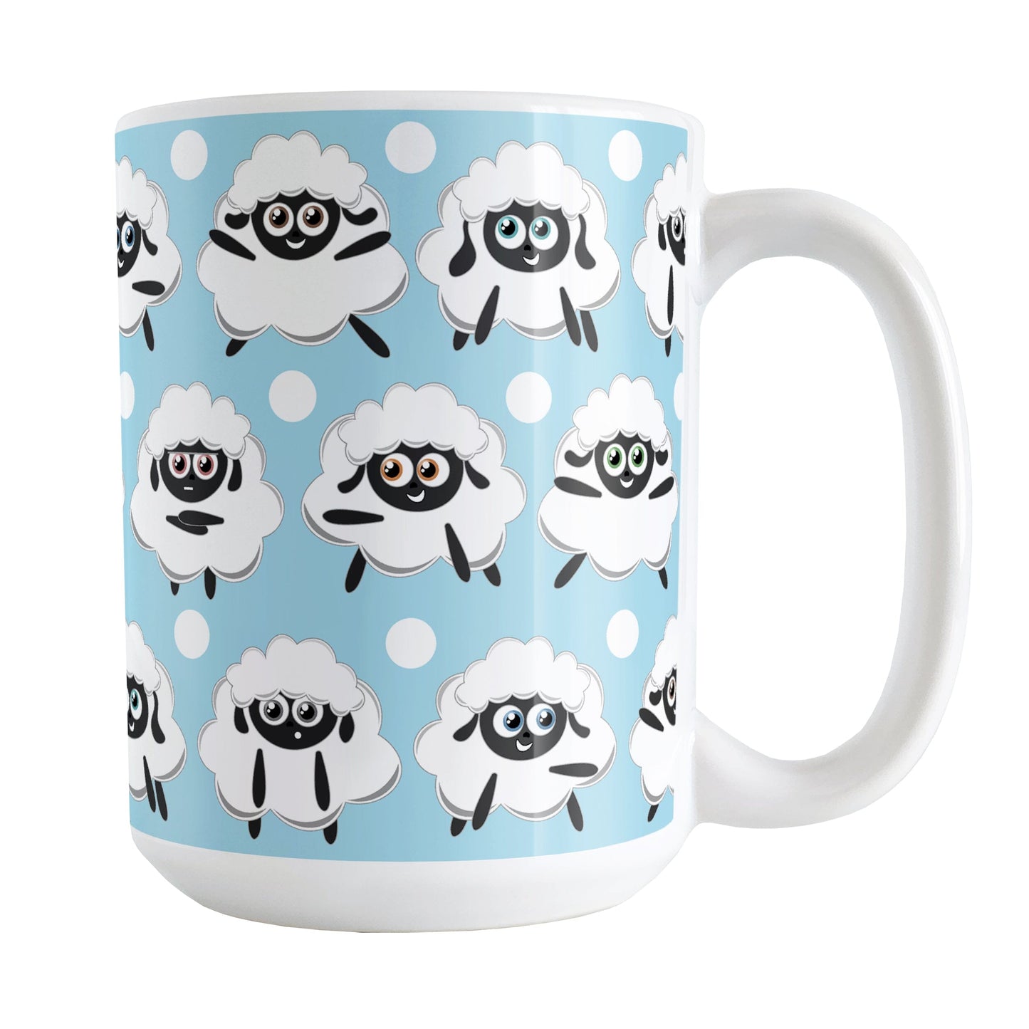 Blue Sheep Mug (15oz) at Amy's Coffee Mugs. A ceramic coffee mug designed with cute and fun sheep with different expressions over a blue background color coupled with white polka dots all in a pattern that wraps around the mug to the handle. 