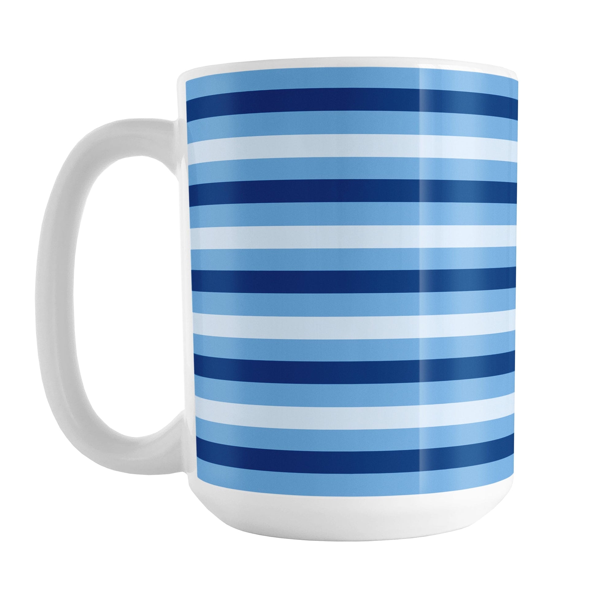 White mug with blue and light blue horizontal stripes on a white background
