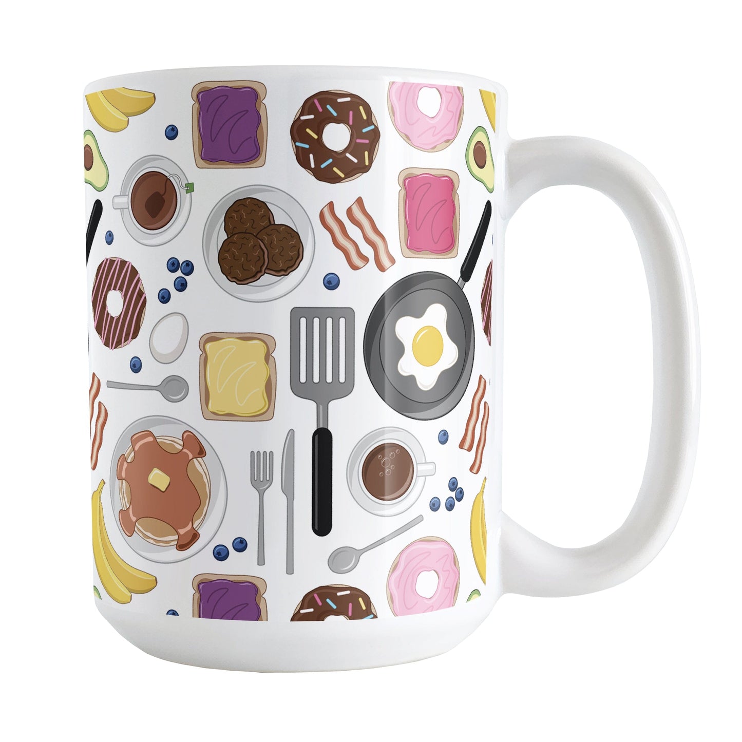 Breakfast Pattern Mug (15oz) at Amy's Coffee Mugs. A ceramic coffee mug designed with a pattern of breakfast foods and items that wraps around the mug up to the handle. This breakfast pattern includes bacon, eggs, sausage patties, pancakes, toast with butter and toast with jam, donuts, a bagel with strawberry cream cheese, bananas, blueberries, an avocado, coffee, and tea.