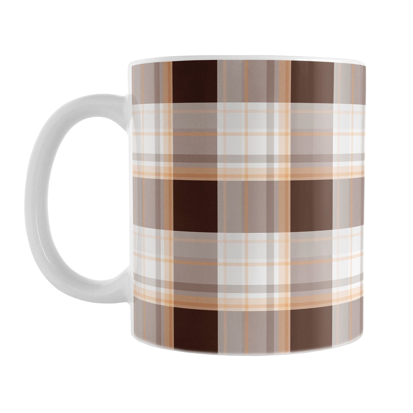 11 oz brown orange plaid mug with dark brown, light brown, white, and warm orange layered plaid pattern.