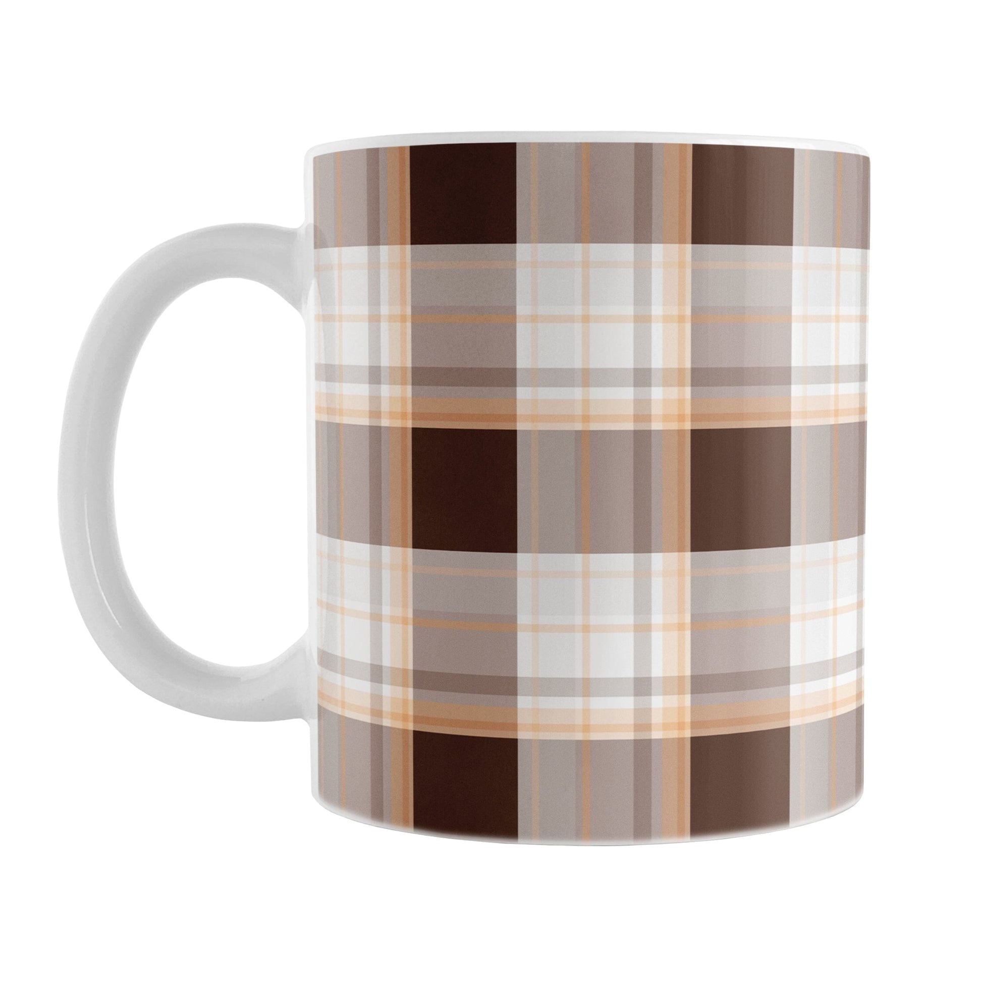 11 oz brown orange plaid mug with dark brown, light brown, white, and warm orange layered plaid pattern.