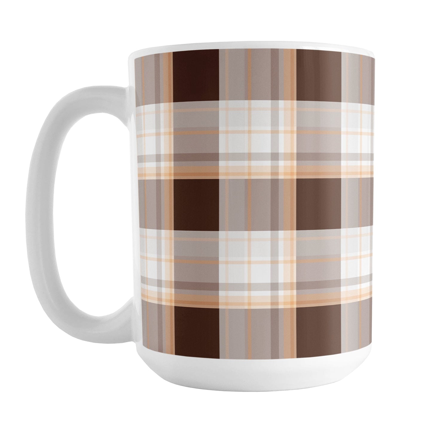 15 oz brown orange plaid mug with dark brown, light brown, white, and warm orange layered plaid pattern.