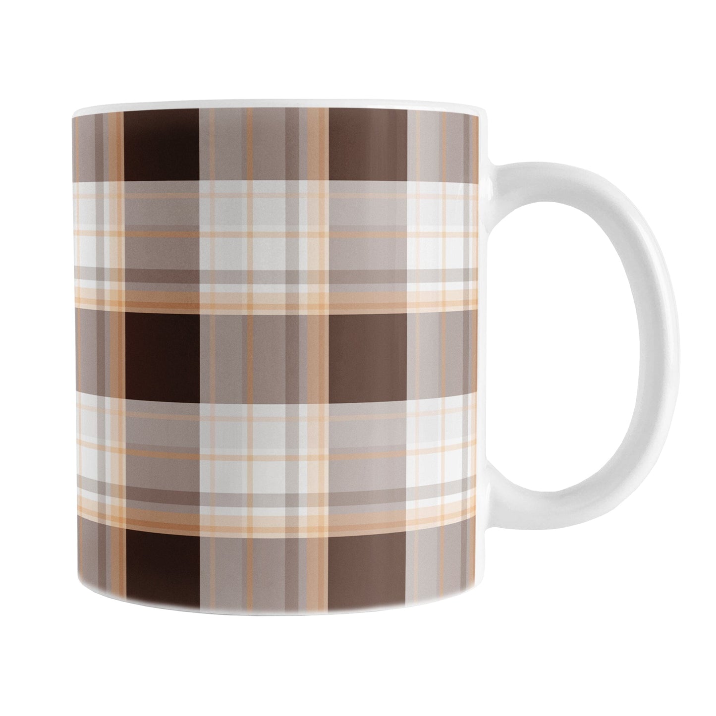 11 oz brown orange plaid mug with dark brown, light brown, white, and warm orange layered plaid pattern.