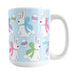 15oz mug with Easter-themed design featuring bunnies and eggs on a light blue background