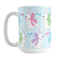 15oz mug with Easter-themed design featuring bunnies and eggs on a light blue background