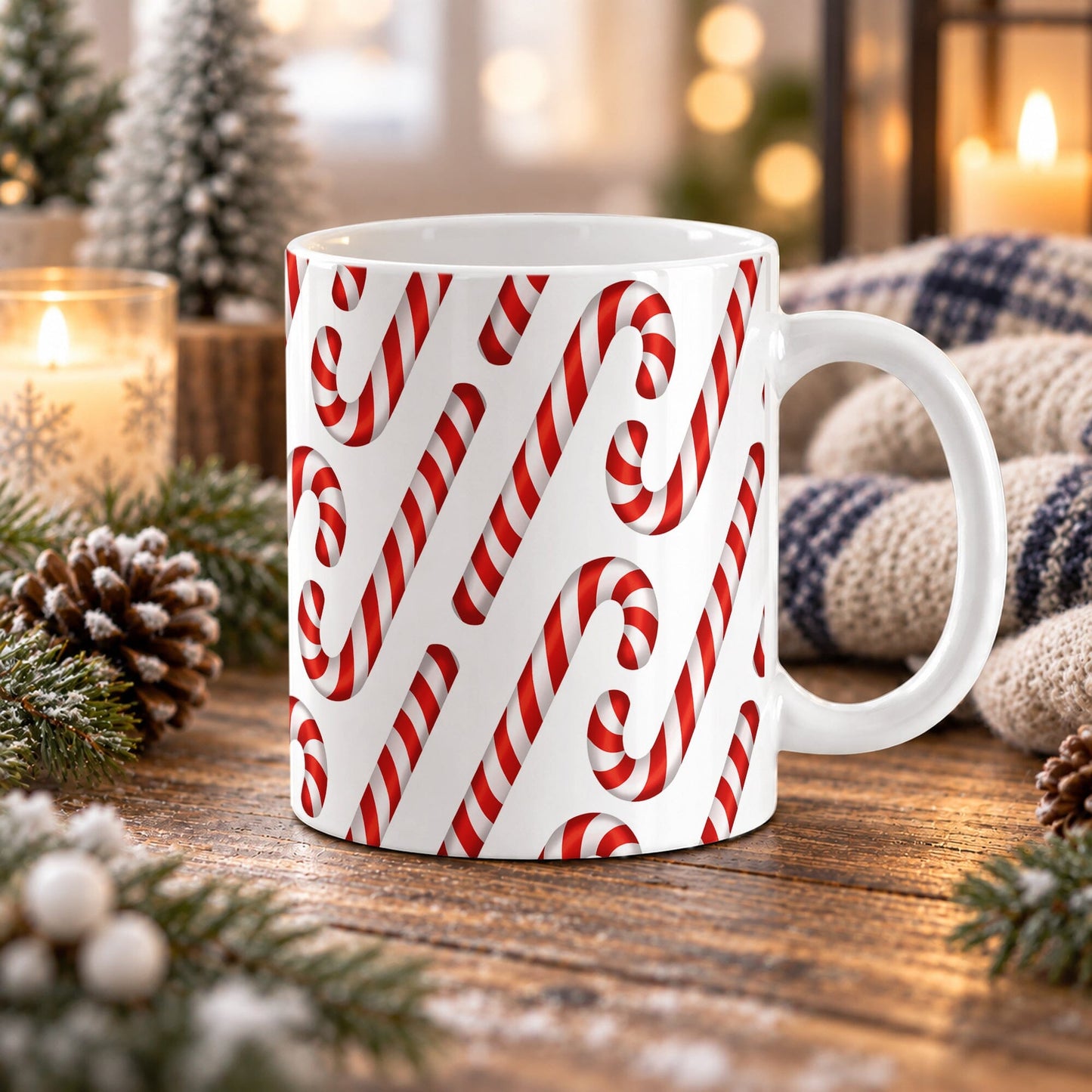 11 oz Christmas mug with red and white striped candy canes in a repeating pattern across white ceramic, displayed on a wooden table with winter decor around it.