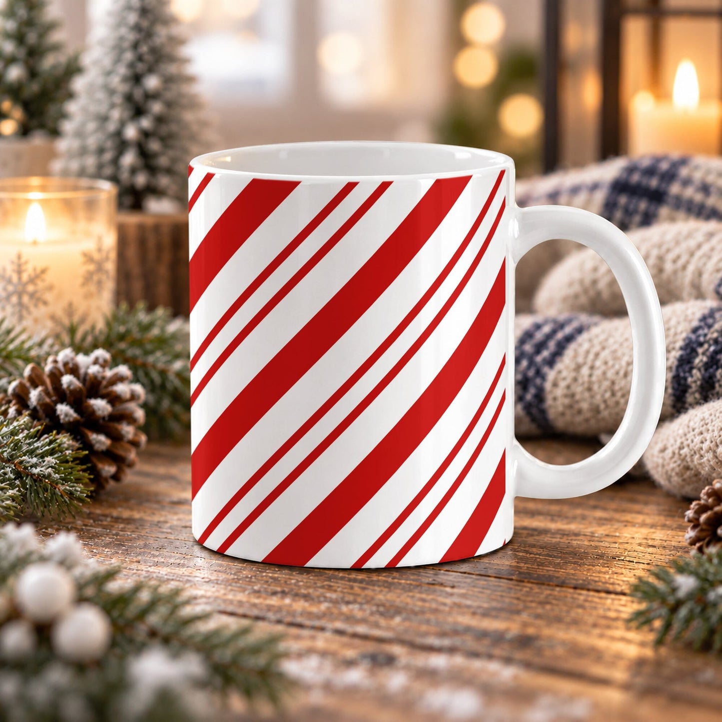 An 11 oz white ceramic mug with a red and white diagonal candy cane stripe pattern, set on a rustic wooden table surrounded by holiday decorations like pinecones, evergreen branches, and a knitted blanket.