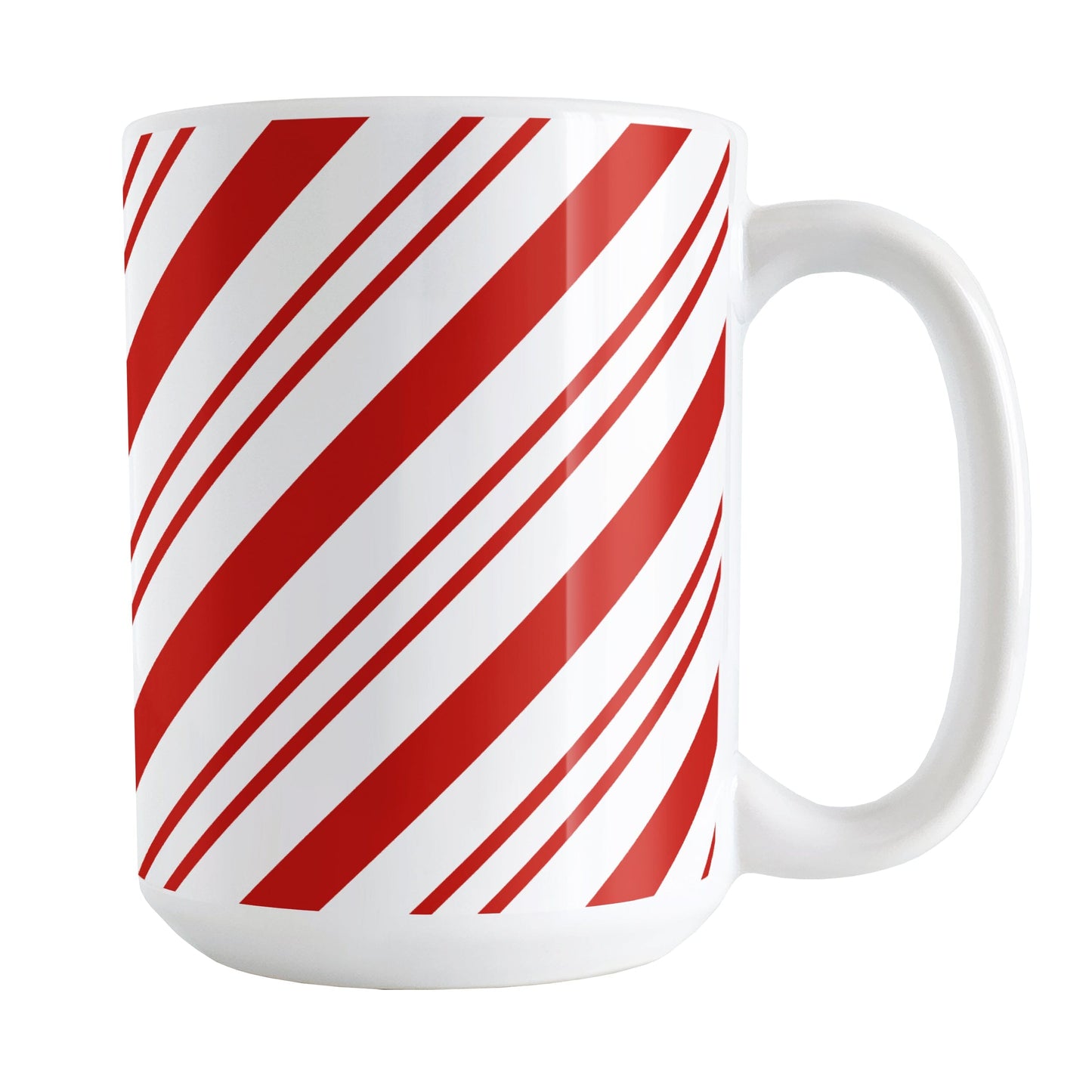 Candy Cane Stripe Mug (15oz) at Amy's Coffee Mugs. A ceramic coffee mug designed with a diagonal white and red candy cane-style stripe pattern that wraps around the mug up to the handle.