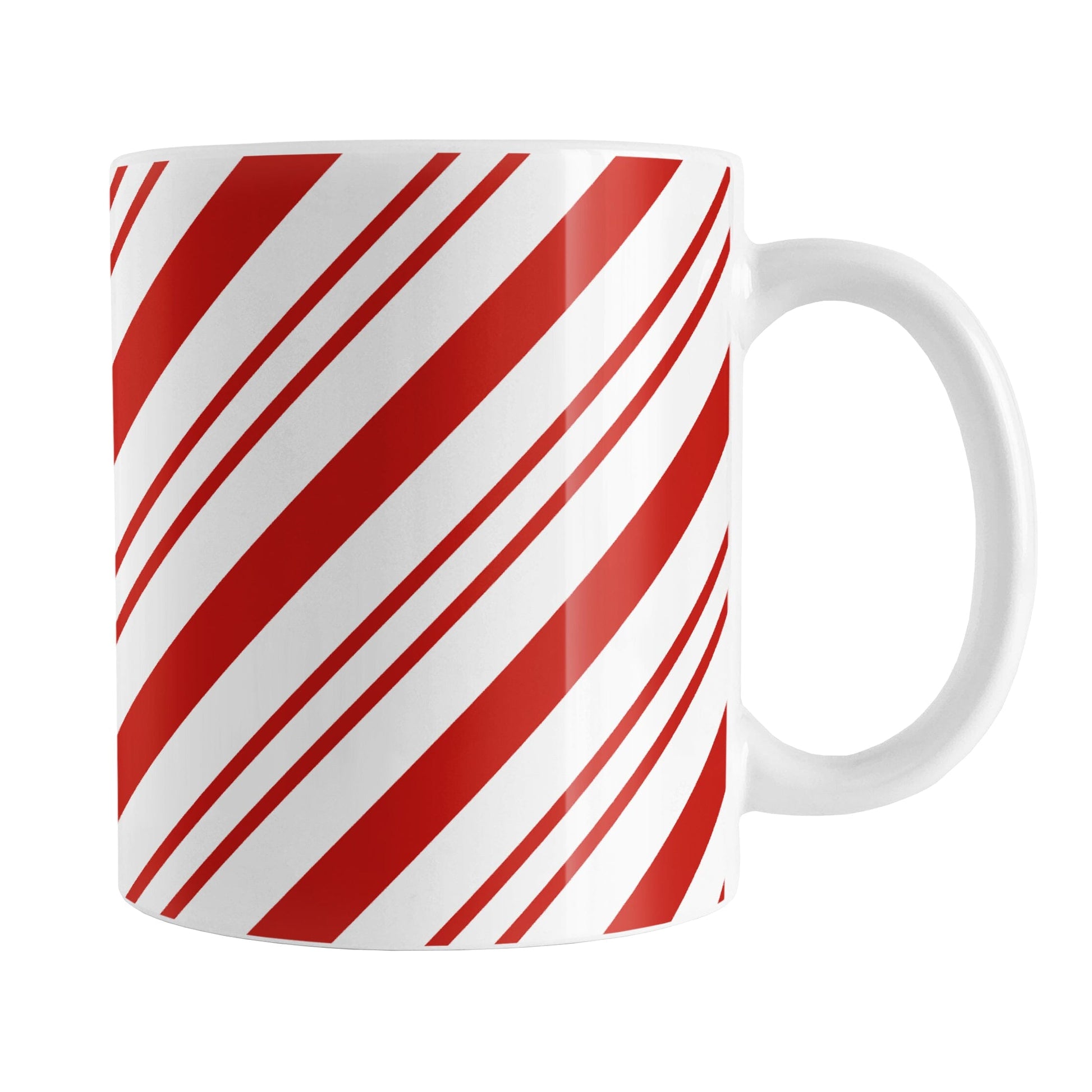 Candy Cane Stripe Mug (11oz) at Amy's Coffee Mugs. A ceramic coffee mug designed with a diagonal white and red candy cane-style stripe pattern that wraps around the mug up to the handle.