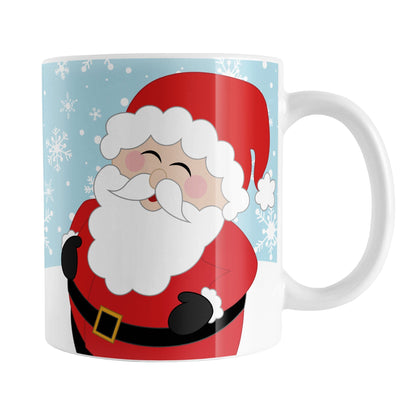 Cheerful Santa Mug (11oz) at Amy's Coffee Mugs. A Christmas mug illustrated with a cheerful and jolly Santa Claus, holding his belly and laughing, on both sides of the mug over a light blue winter background with white snowflakes. 