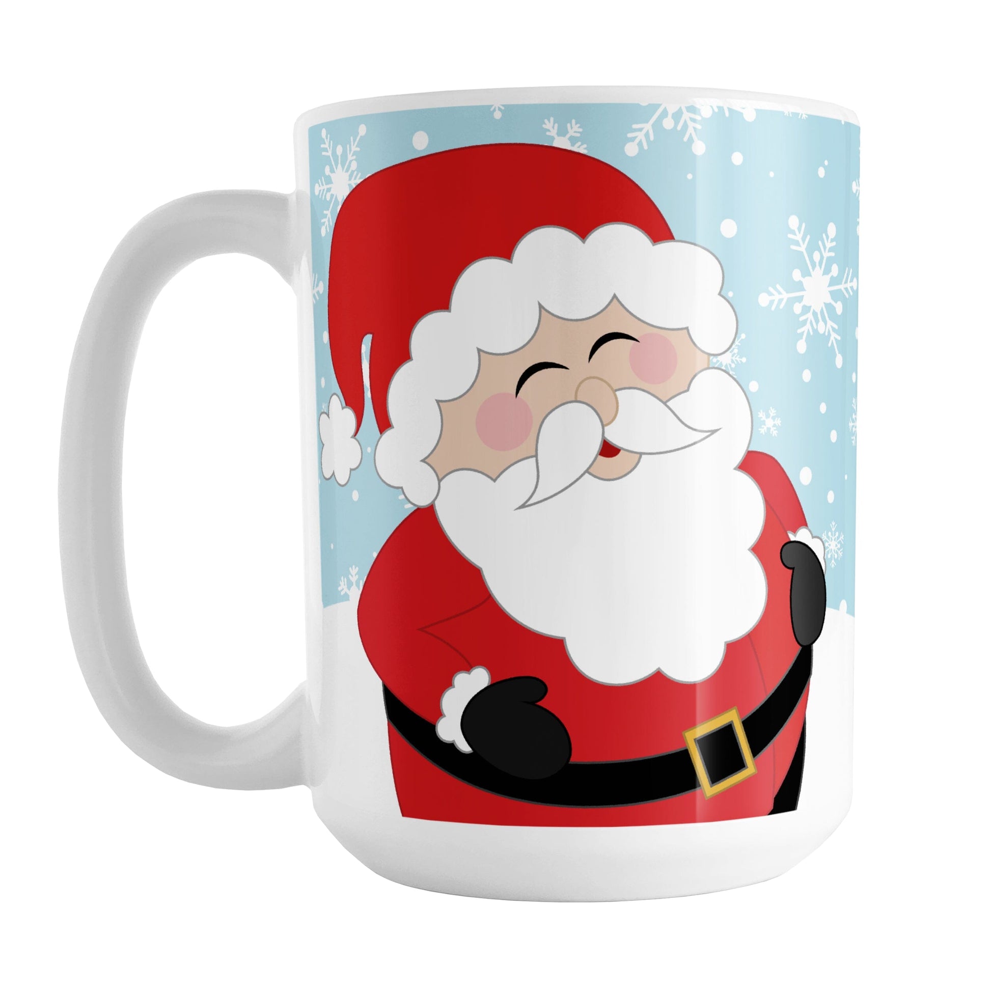 Cheerful Santa Mug (15oz) at Amy's Coffee Mugs. A Christmas mug illustrated with a cheerful and jolly Santa Claus, holding his belly and laughing, on both sides of the mug over a light blue winter background with white snowflakes. 