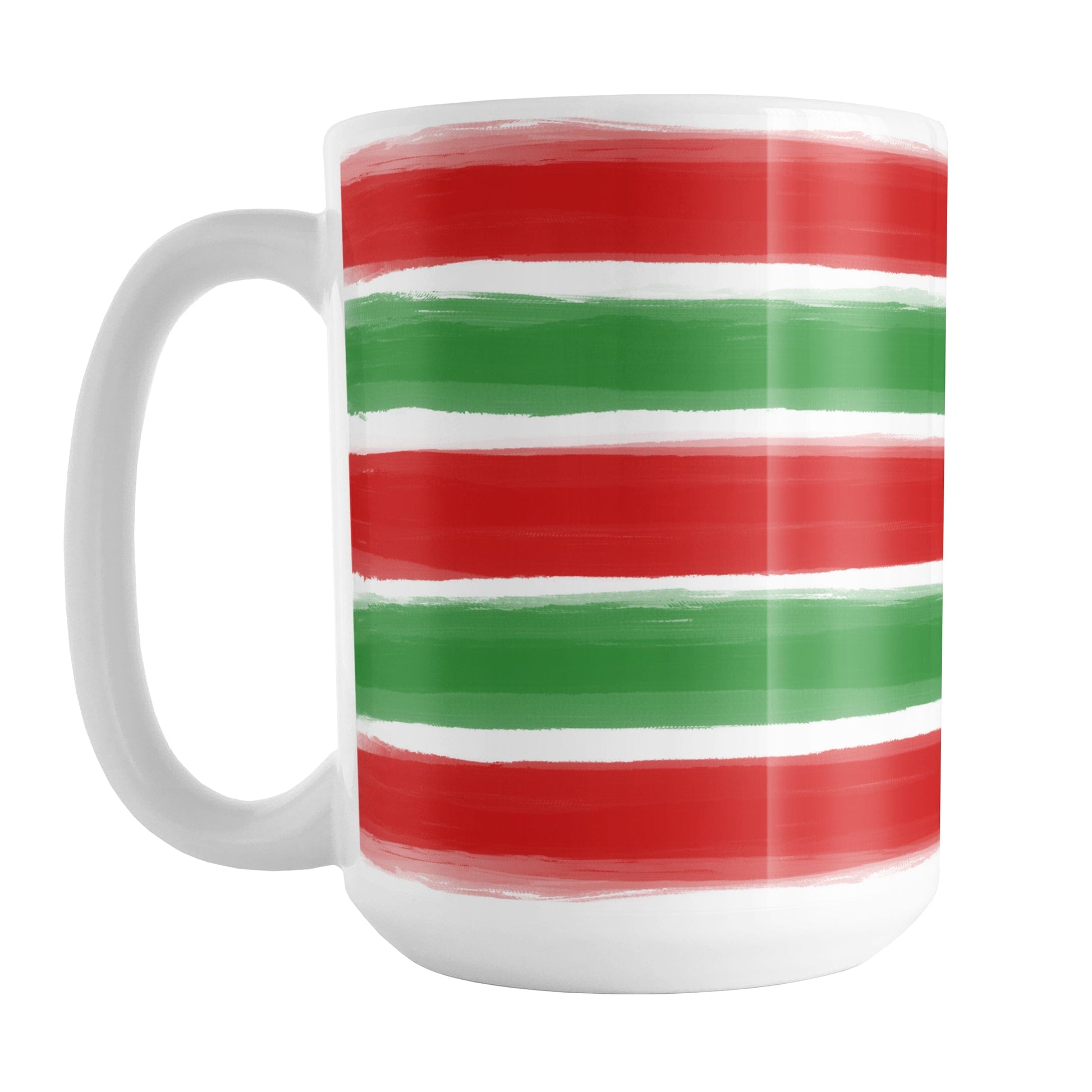 Christmas Paint Brush Strokes Mug (15oz) at Amy's Coffee Mugs. A ceramic coffee mug featuring a print of artistic paint brush strokes horizontally across the mug up to the handle, in alternating colors of red and green to celebrate the Christmas holiday.