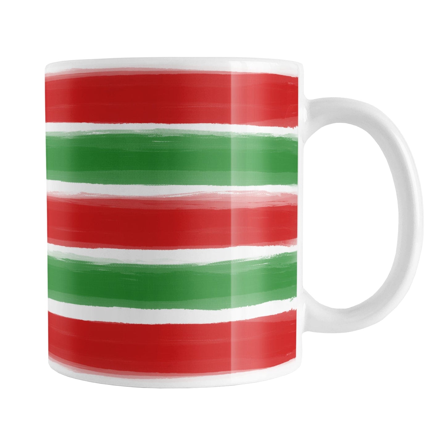 Christmas Paint Brush Strokes Mug (11oz) at Amy's Coffee Mugs. A ceramic coffee mug featuring a print of artistic paint brush strokes horizontally across the mug up to the handle, in alternating colors of red and green to celebrate the Christmas holiday.