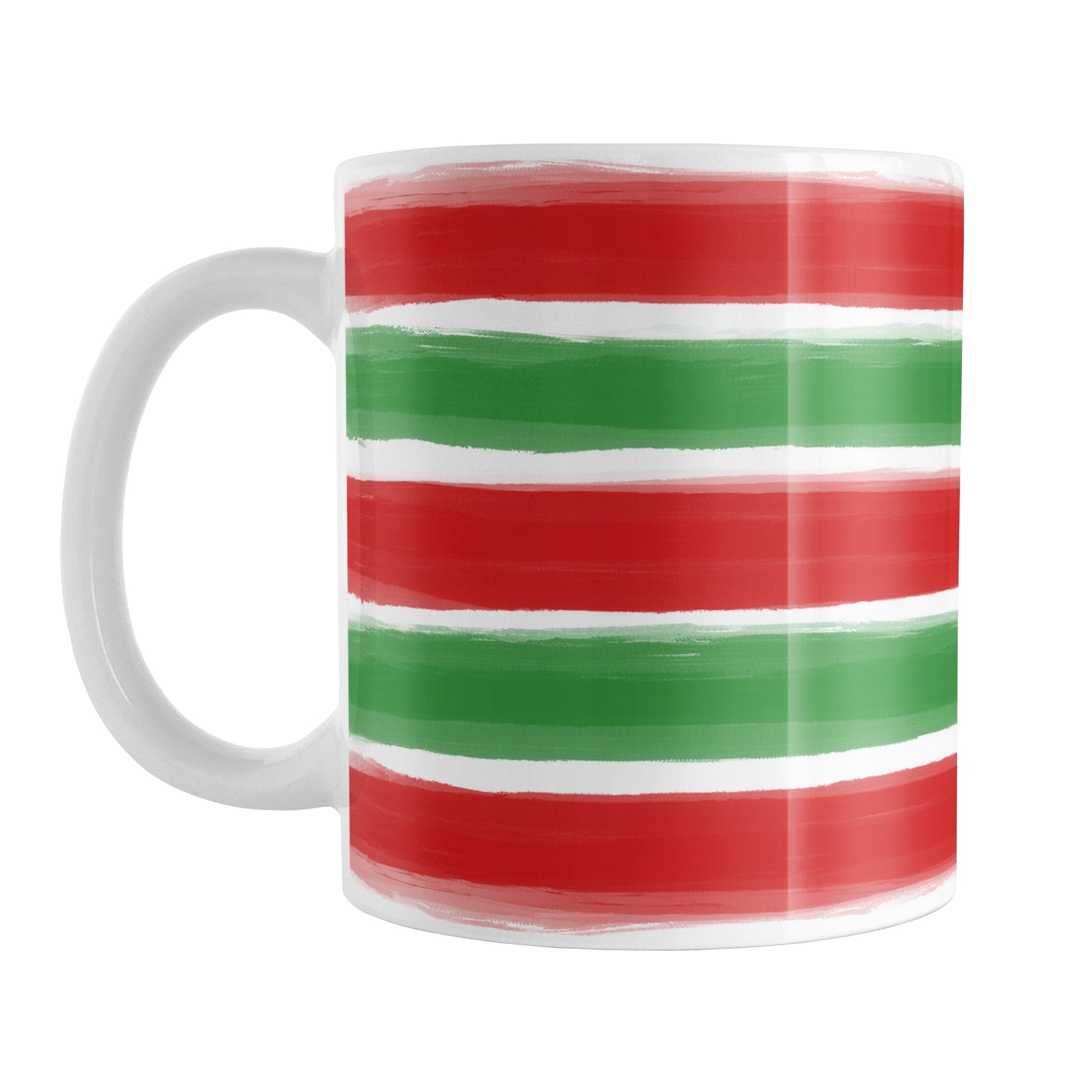 Christmas Paint Brush Strokes Mug (11oz) at Amy's Coffee Mugs. A ceramic coffee mug featuring a print of artistic paint brush strokes horizontally across the mug up to the handle, in alternating colors of red and green to celebrate the Christmas holiday.