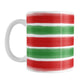 Christmas Paint Brush Strokes Mug (11oz) at Amy's Coffee Mugs. A ceramic coffee mug featuring a print of artistic paint brush strokes horizontally across the mug up to the handle, in alternating colors of red and green to celebrate the Christmas holiday.