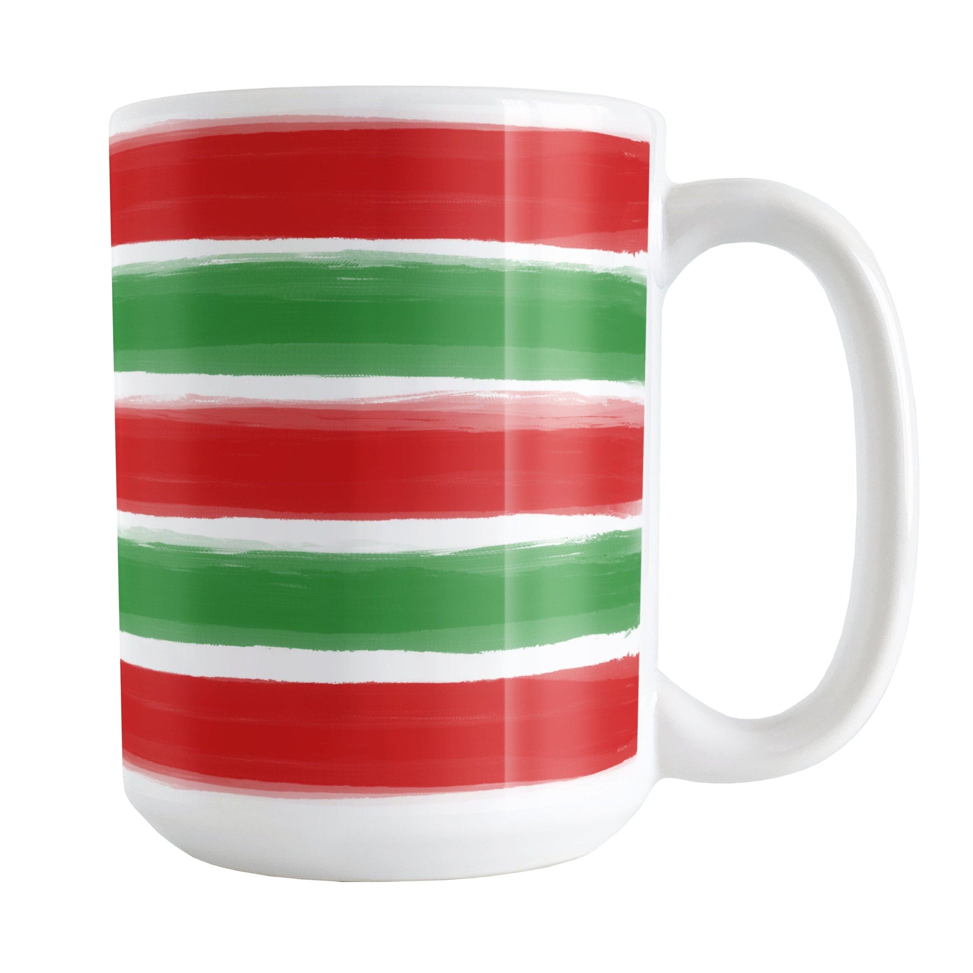 Christmas Paint Brush Strokes Mug (15oz) at Amy's Coffee Mugs. A ceramic coffee mug featuring a print of artistic paint brush strokes horizontally across the mug up to the handle, in alternating colors of red and green to celebrate the Christmas holiday.