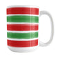 Christmas Paint Brush Strokes Mug (15oz) at Amy's Coffee Mugs. A ceramic coffee mug featuring a print of artistic paint brush strokes horizontally across the mug up to the handle, in alternating colors of red and green to celebrate the Christmas holiday.