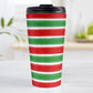 Christmas Paint Brush Strokes Travel Mug (15oz) at Amy's Coffee Mugs. A stainless steel travel mug featuring a print of artistic paint brush strokes horizontally across the travel mug in alternating colors of red and green to celebrate the Christmas holiday.