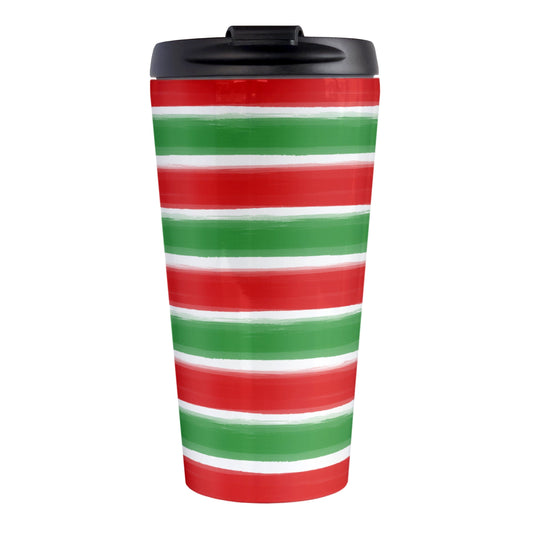 Christmas Paint Brush Strokes Travel Mug (15oz) at Amy's Coffee Mugs. A stainless steel travel mug featuring a print of artistic paint brush strokes horizontally across the travel mug in alternating colors of red and green to celebrate the Christmas holiday.