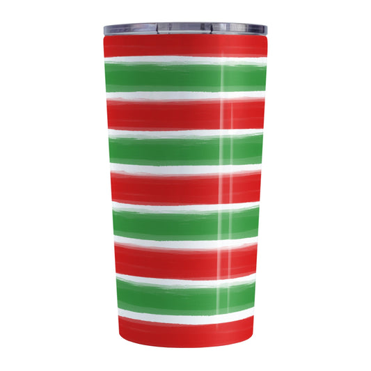 Christmas Paint Brush Strokes Tumbler Cup (20oz) at Amy's Coffee Mugs. A stainless steel tumbler cup featuring a print of artistic paint brush strokes horizontally across the cup in alternating colors of red and green to celebrate the Christmas holiday.