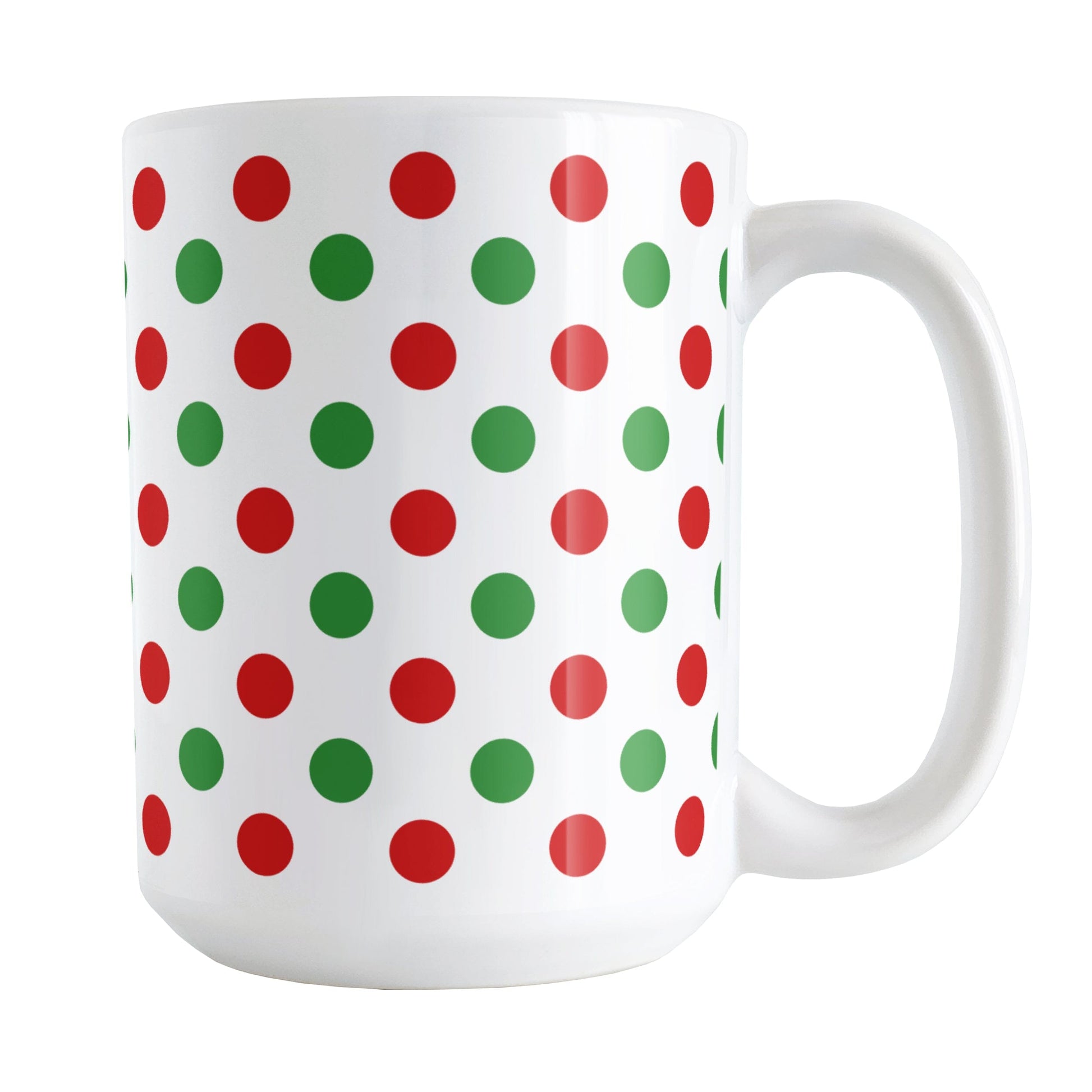 Christmas Polka Dot Mug (15oz) at Amy's Coffee Mugs. A ceramic coffee mug featuring a pattern of polka dots across the mug up to the handle, in alternating colors of red and green to celebrate the Christmas holiday.