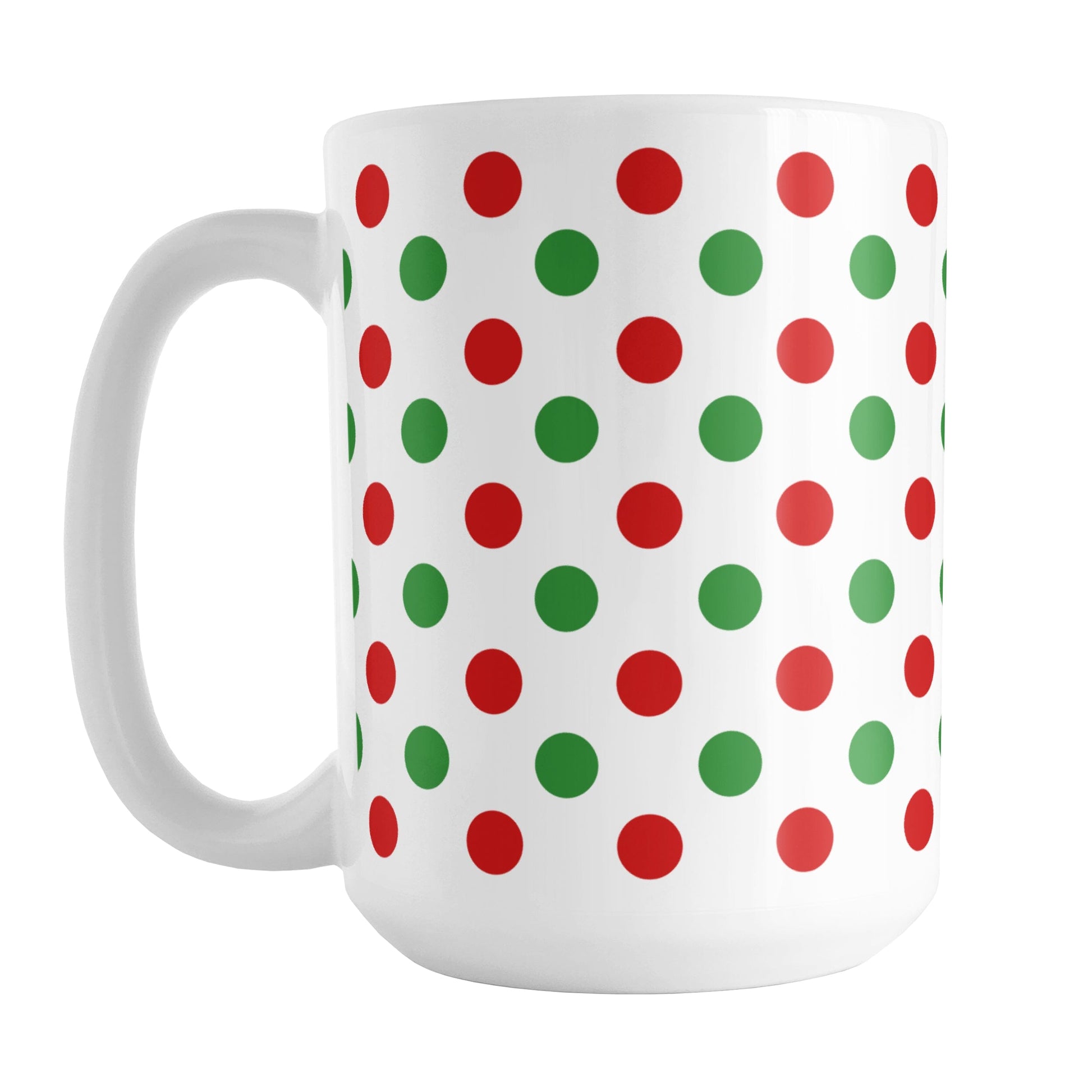 Christmas Polka Dot Mug (15oz) at Amy's Coffee Mugs. A ceramic coffee mug featuring a pattern of polka dots across the mug up to the handle, in alternating colors of red and green to celebrate the Christmas holiday.