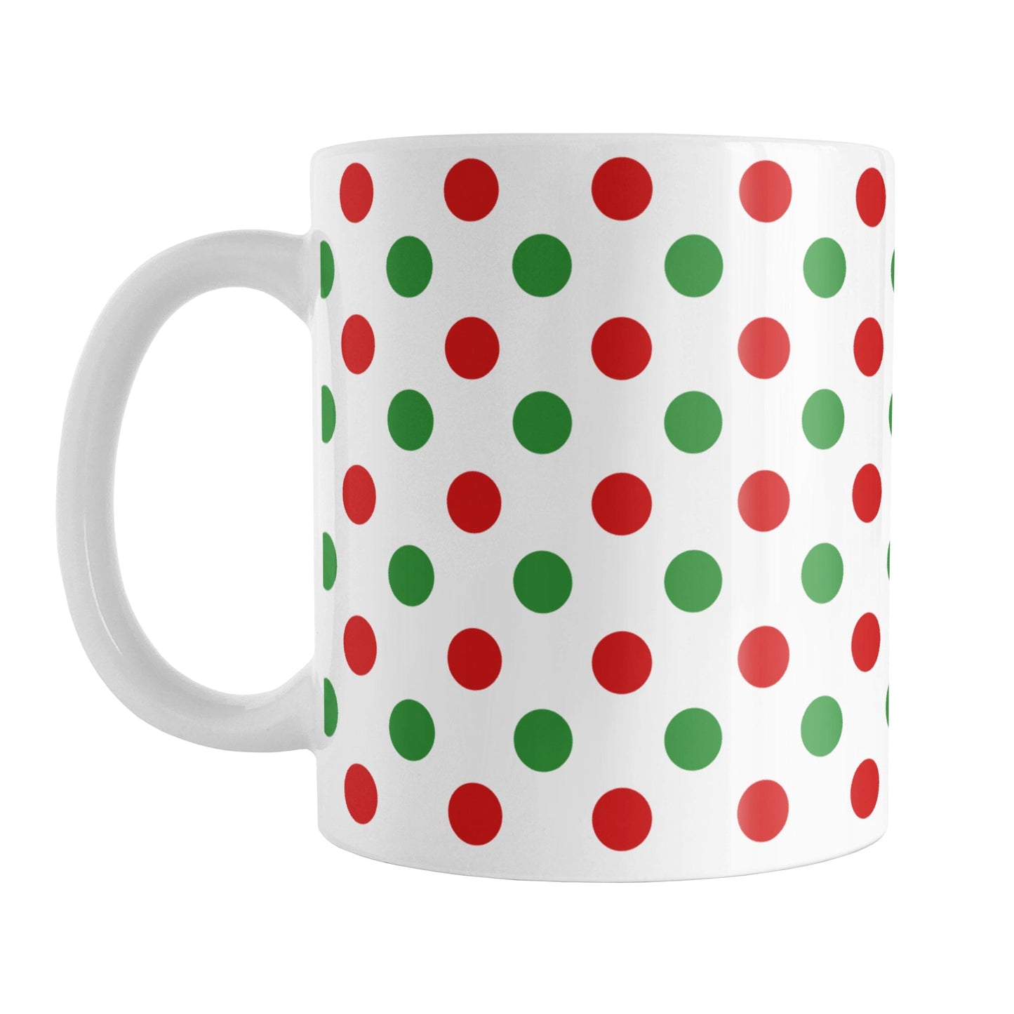 Christmas Polka Dot Mug (11oz) at Amy's Coffee Mugs. A ceramic coffee mug featuring a pattern of polka dots across the mug up to the handle, in alternating colors of red and green to celebrate the Christmas holiday.