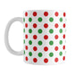 Christmas Polka Dot Mug (11oz) at Amy's Coffee Mugs. A ceramic coffee mug featuring a pattern of polka dots across the mug up to the handle, in alternating colors of red and green to celebrate the Christmas holiday.