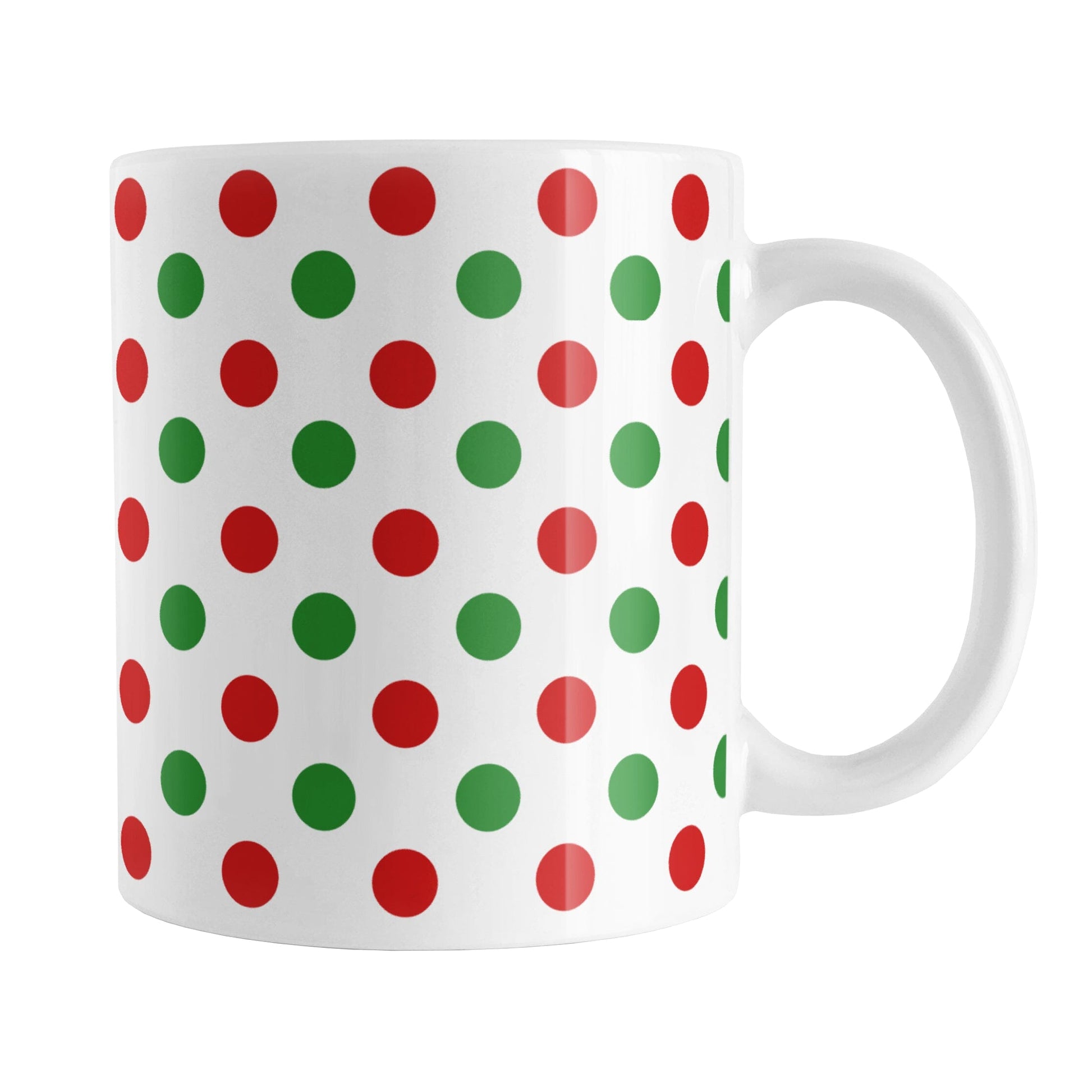 Christmas Polka Dot Mug (11oz) at Amy's Coffee Mugs. A ceramic coffee mug featuring a pattern of polka dots across the mug up to the handle, in alternating colors of red and green to celebrate the Christmas holiday.