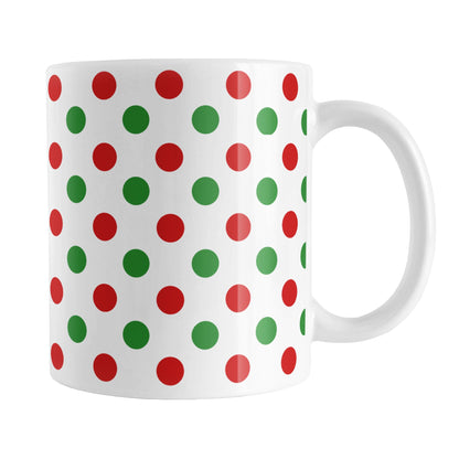 Christmas Polka Dot Mug (11oz) at Amy's Coffee Mugs. A ceramic coffee mug featuring a pattern of polka dots across the mug up to the handle, in alternating colors of red and green to celebrate the Christmas holiday.