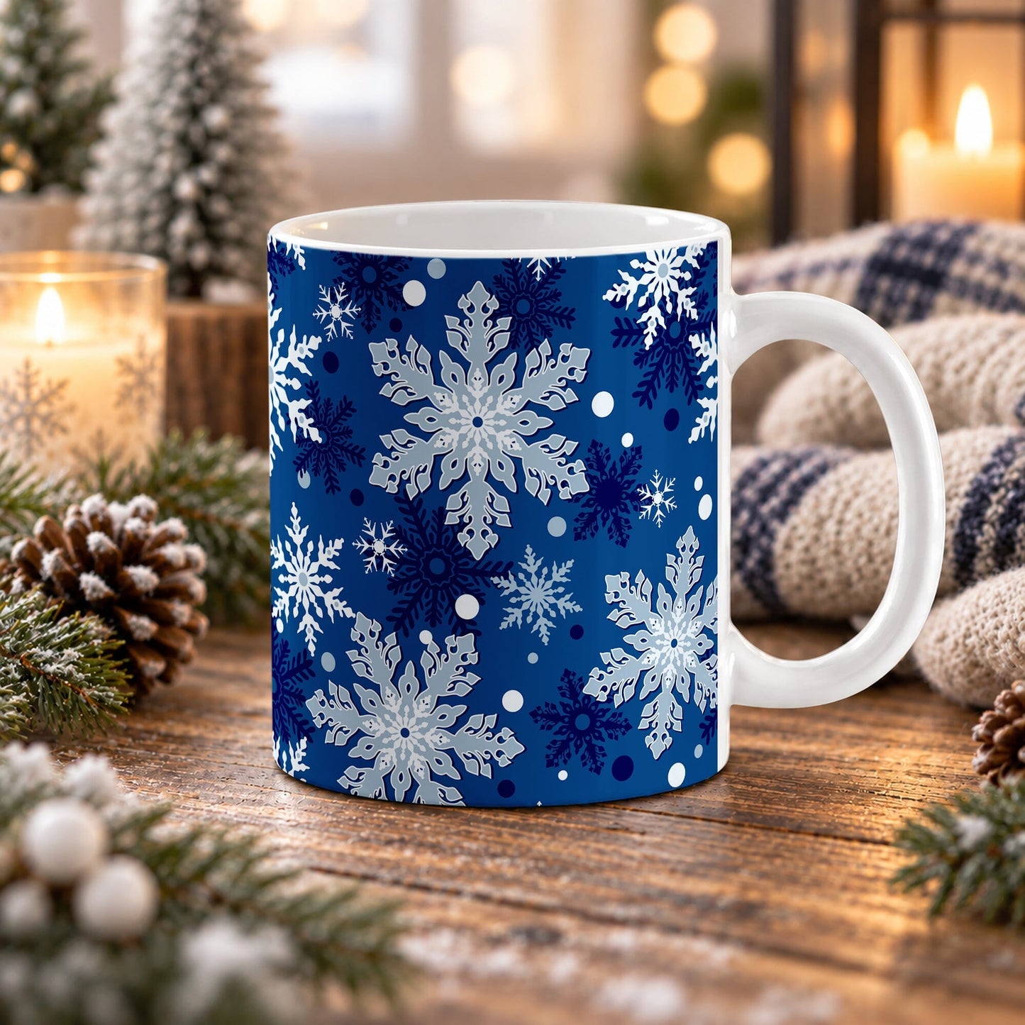 11 oz blue snowflake winter mug with large white and light blue snowflakes, dark blue accents, and smaller snowflakes on a classic blue background, shown on a wooden table with winter decor around it.