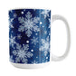 Classic Blue Snowflake Pattern Winter Mug (15oz) at Amy's Coffee Mugs. A ceramic coffee mug designed with a pattern of different shades of blue snowflakes over a classic blue background color that wraps around the mug.