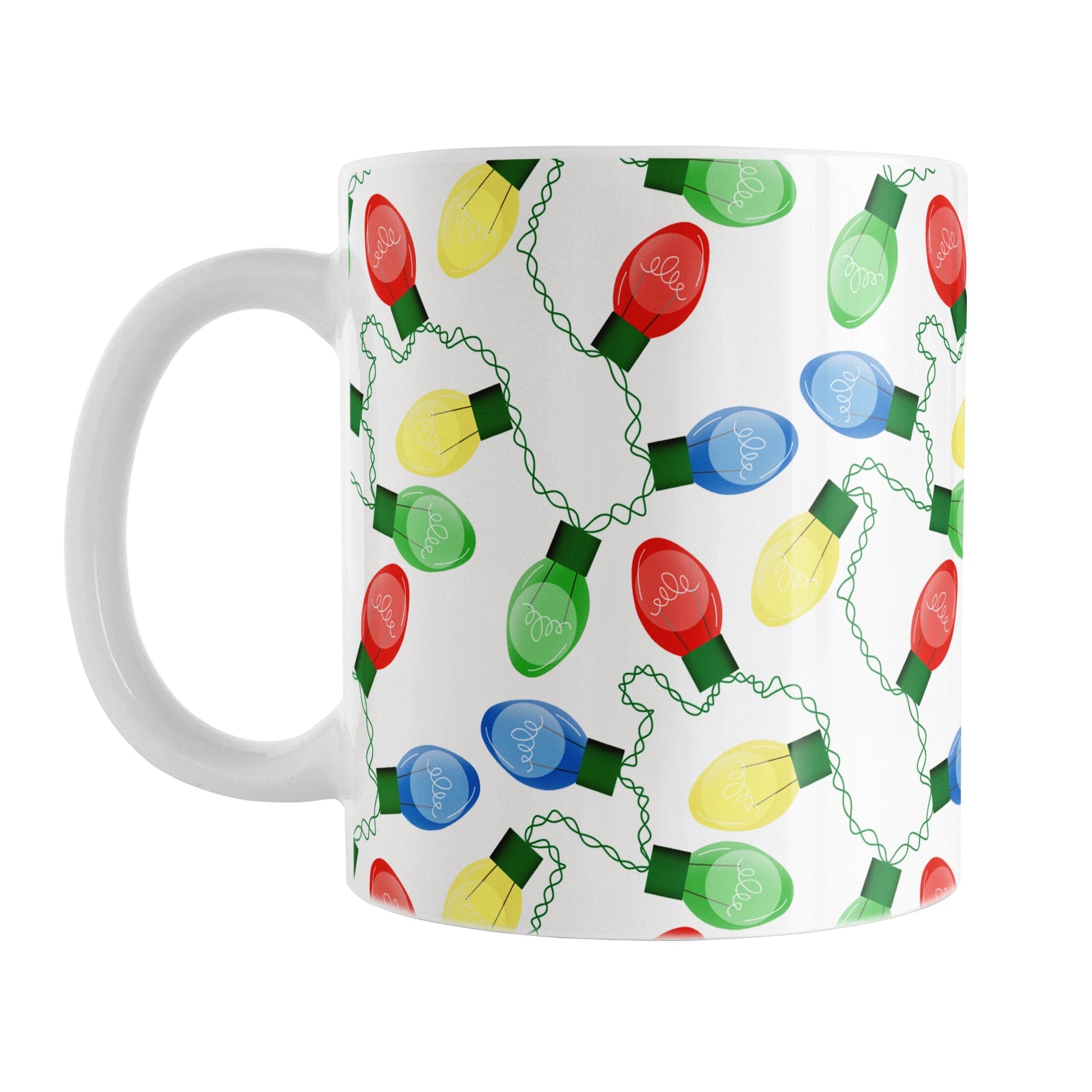 White mug with colorful Christmas light bulb pattern on a white background