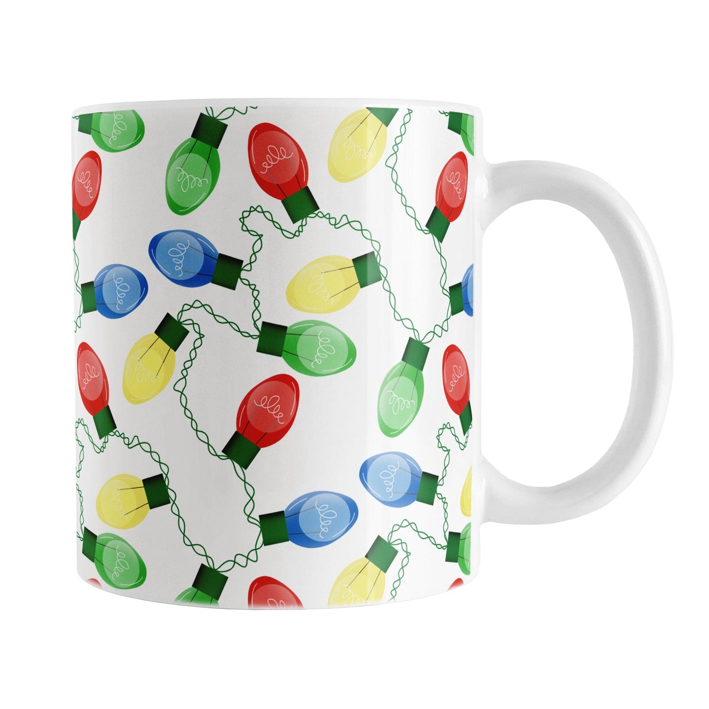 White mug with colorful Christmas light bulb pattern on a white background