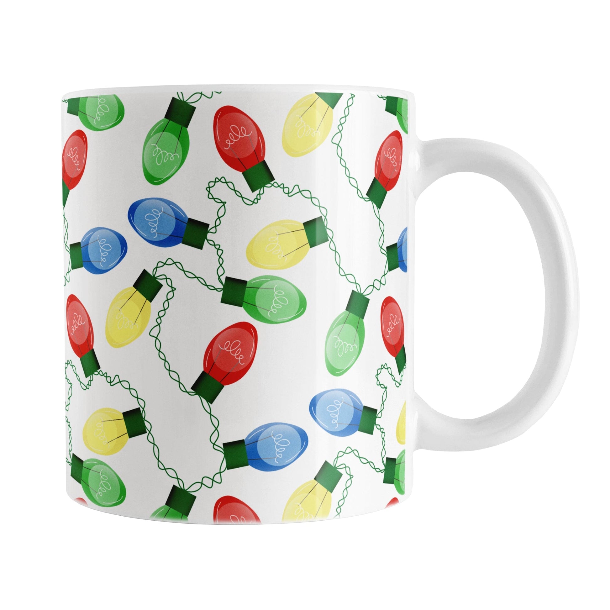 White mug with colorful Christmas light bulb pattern on a white background