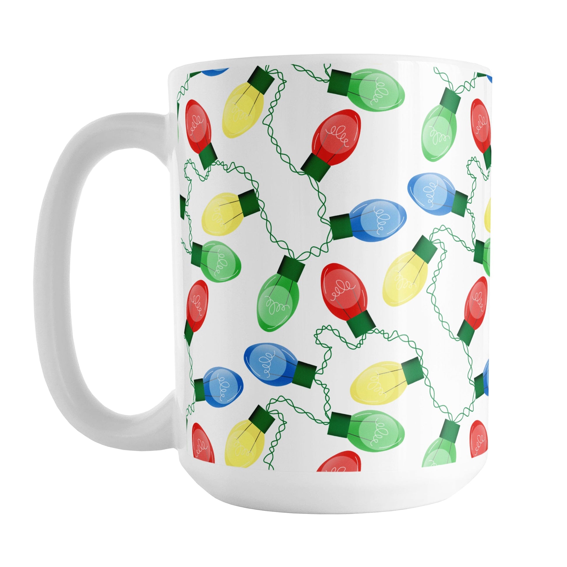 White mug with colorful Christmas light bulb pattern on a white background