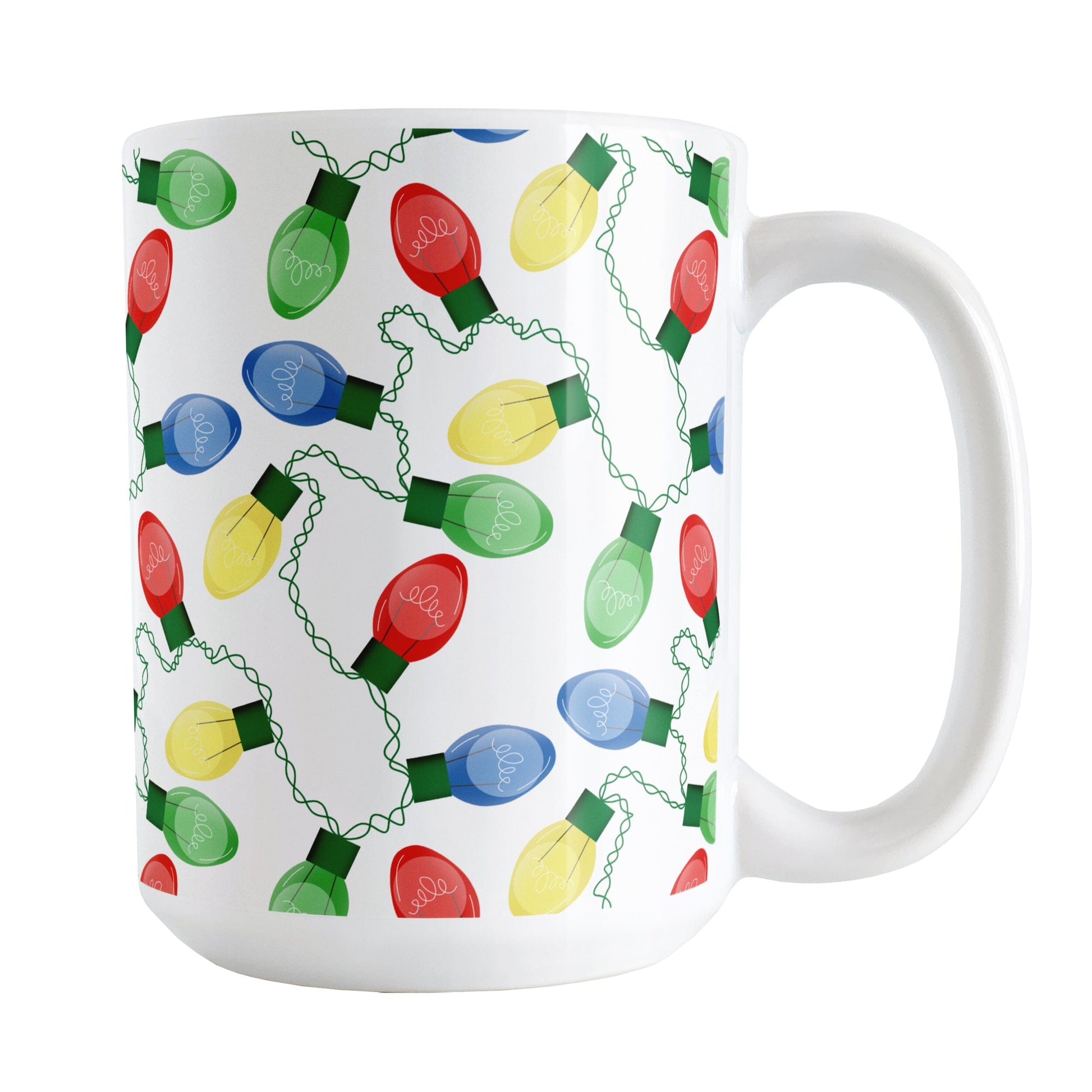 White mug with colorful Christmas light bulb pattern on a white background