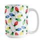 White mug with colorful Christmas light bulb pattern on a white background
