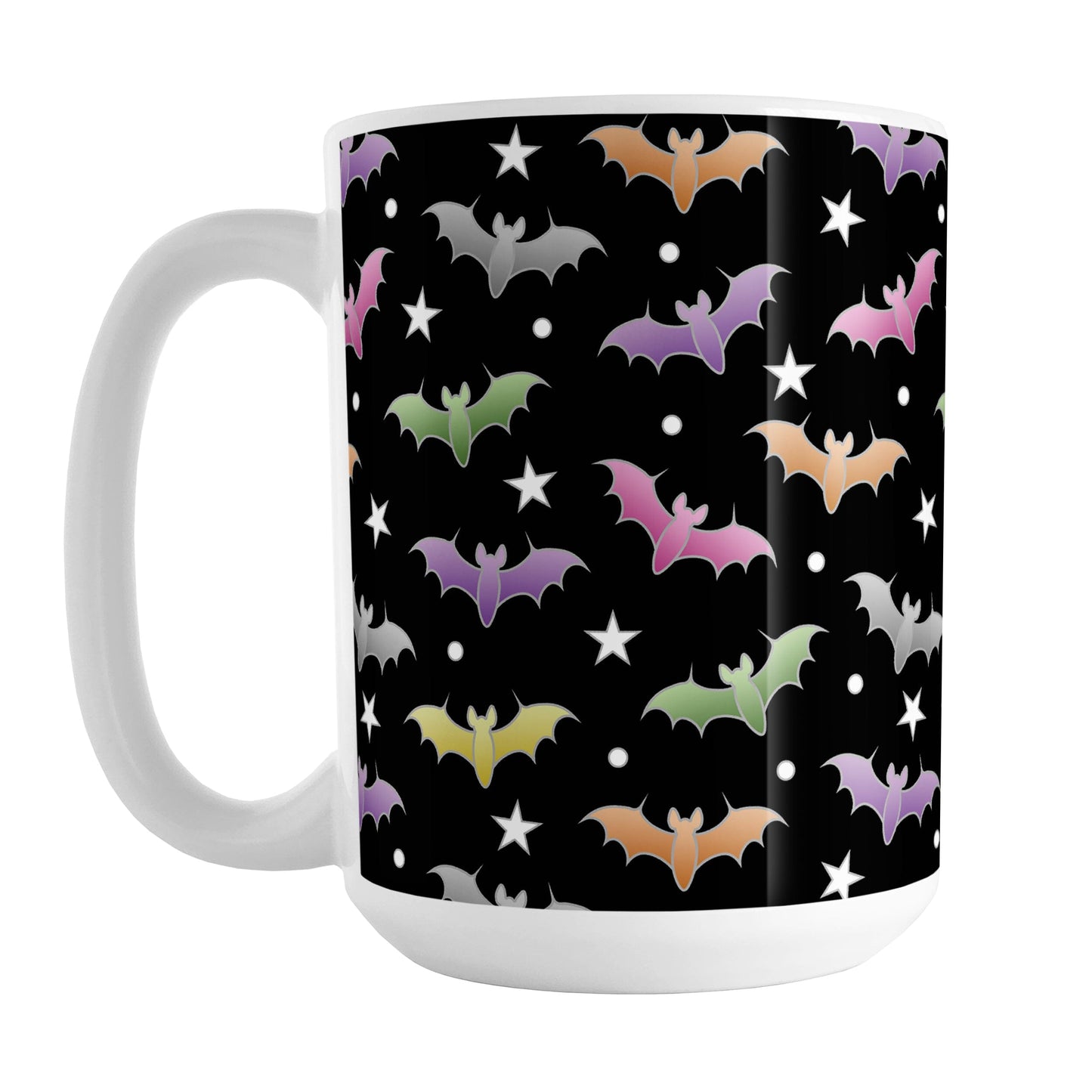 Colorful Bats Mug (15oz) at Amy's Coffee Mugs. A ceramic coffee mug designed with different colored bats and stars in an assorted pattern over a black background color that wraps around the mug to the handle.