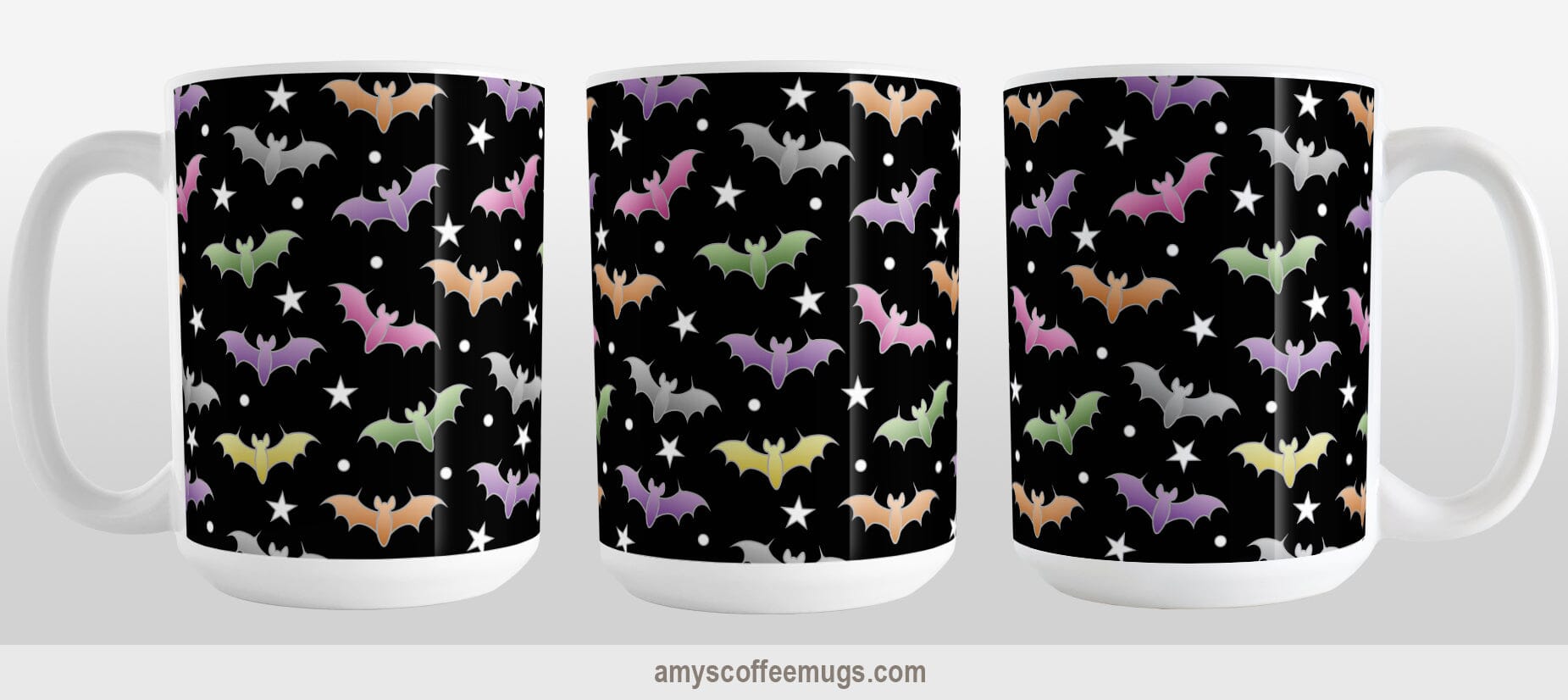 Colorful Bats Mug (15oz) at Amy's Coffee Mugs. A ceramic coffee mug designed with different colored bats and stars in an assorted pattern over a black background color that wraps around the mug to the handle. Image shows three views of the mug to display the entire design.