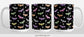 Colorful Bats Mug (15oz) at Amy's Coffee Mugs. A ceramic coffee mug designed with different colored bats and stars in an assorted pattern over a black background color that wraps around the mug to the handle. Image shows three views of the mug to display the entire design.