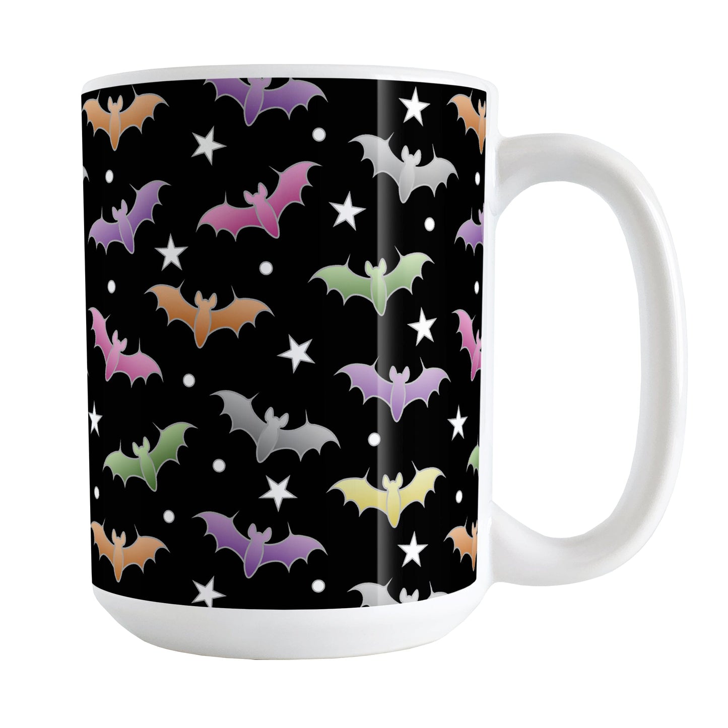 Colorful Bats Mug (15oz) at Amy's Coffee Mugs. A ceramic coffee mug designed with different colored bats and stars in an assorted pattern over a black background color that wraps around the mug to the handle.